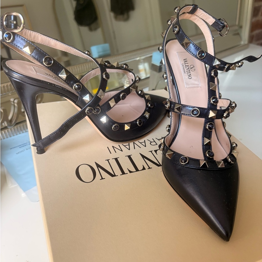 Valentino Black Studded T-Strap Pointed Heel Pumps
